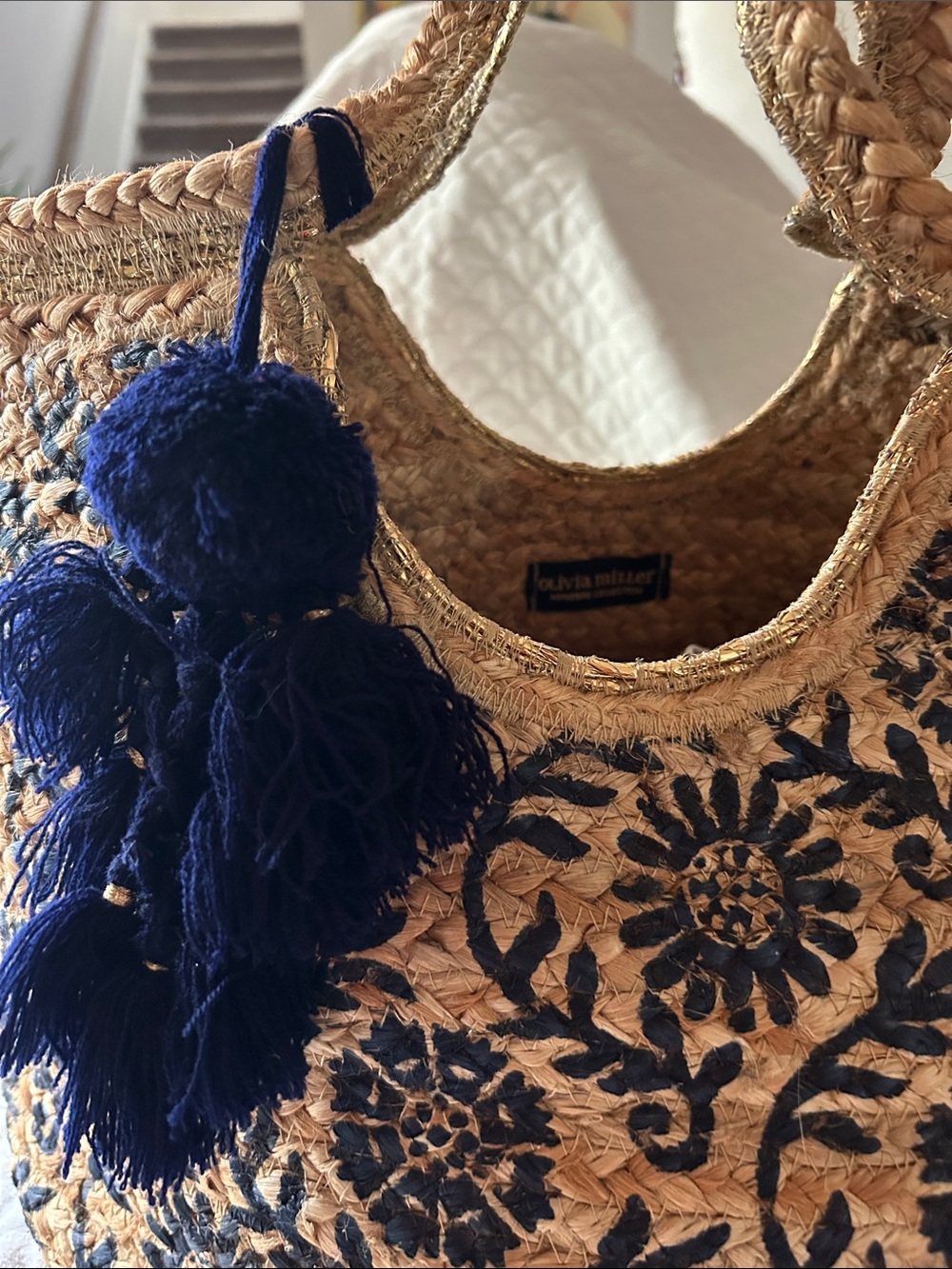 Olivia Miller Natural Straw Tote with Navy Floral Print and Tassel - Picture 4 of 7